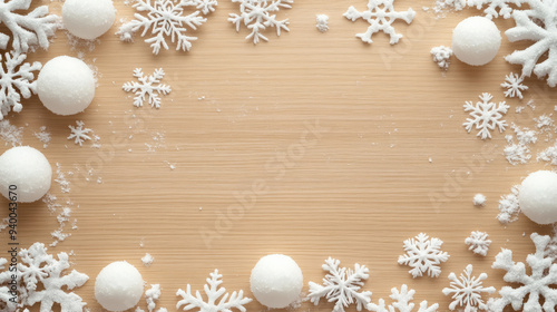 Snowflakes and snowballs flat lay with copyspace, christmas decoration on wooden background