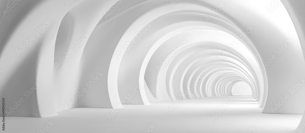 Obraz premium 3D rendering of a completely white monochrome tunnel structure with an abstract backdrop