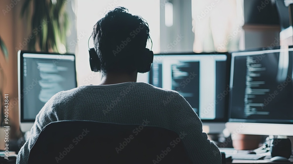 Efficient Leadership: A Modern Team Leader's Minimalist Desk Setup with Multiple Monitors, Soft Lighting and a Calm Work Atmosphere Efficient Leadership: A Modern Team Leader's Minimalist Desk Setup with Multiple Monitors, Soft Lighting and a Calm Work Atmosphere