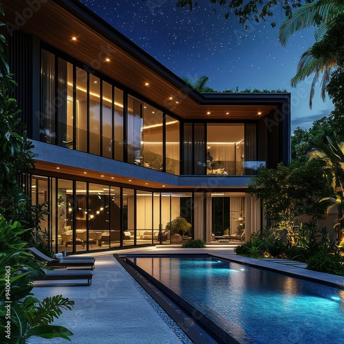Modern Villa with Swimming Pool under a Starry Night