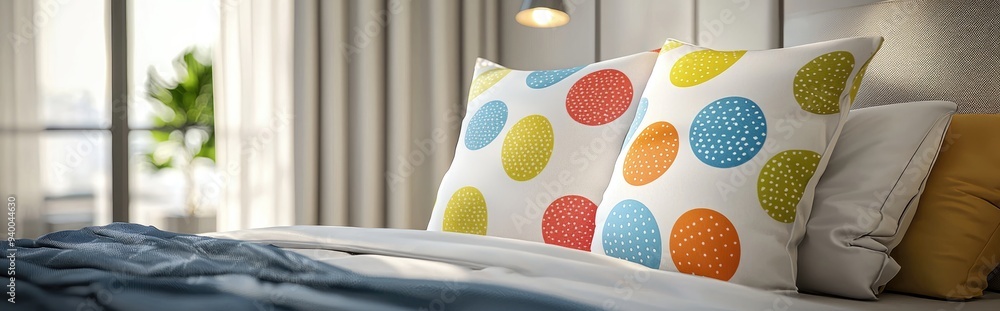 3D rendering of a colorful polka dot pillow in a bedroom setting 3D rendering of a colorful polka dot pillow in a bedroom setting