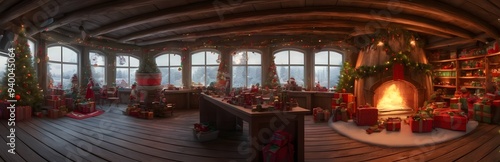 360 degree inside Santa's workshop at the North Pole, with elves busily crafting toys. HDRI spherical panorama. photo