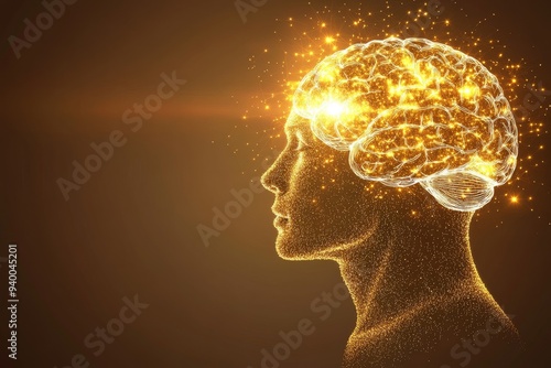 Futuristic and glowing profile of a man with a brain illuminated by golden neural connections symbolizing intelligence thought and the dynamic power of the mind in a modern digital design photo