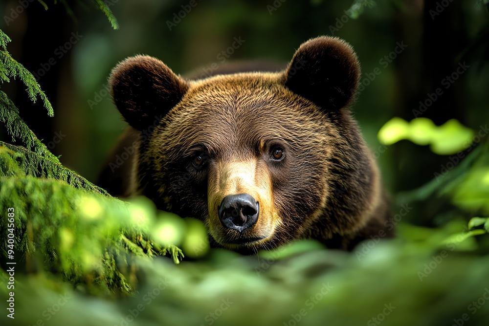 A bear emerging from the shadows of a dense forest, with its fur blending into the dark, mysterious surroundings A bear emerging from the shadows of a dense forest, with its fur blending into the dark, mysterious surroundings