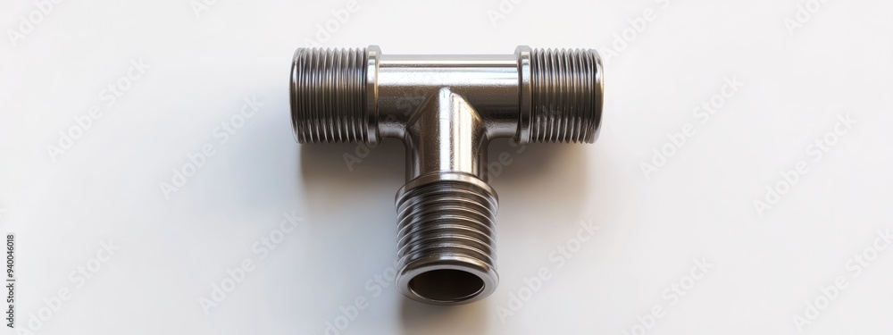 3D rendering of a tee with external thread commonly used in plumbing showcased on a white background from a bottom view 3D rendering of a tee with external thread commonly used in plumbing showcased on a white background from a bottom view