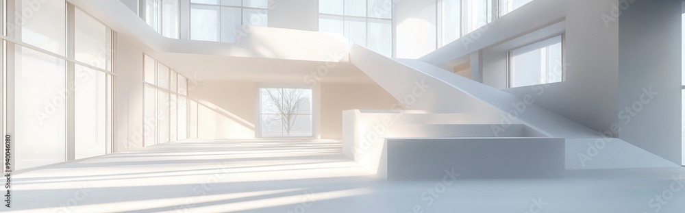 Fototapeta premium Abstract 3D rendering of a white multilevel interior public space featuring windows