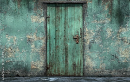 3D rendering of a weathered green wooden door featuring rusty details in an abandoned structure photo