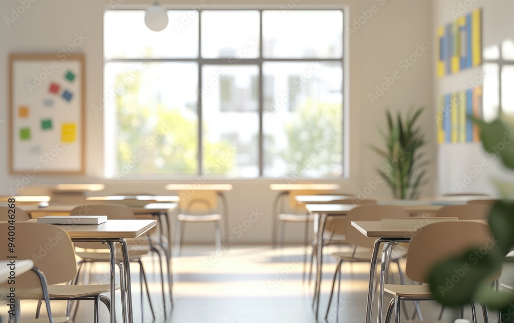 3D rendering of an abstract classroom environment with pupils in a blurred focus 3D rendering of an abstract classroom environment with pupils in a blurred focus