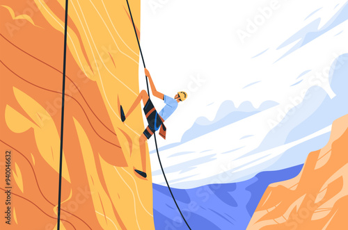 Rock climber scaling cliff mountain adventure outdoor activity vibrant landscape minimalist design