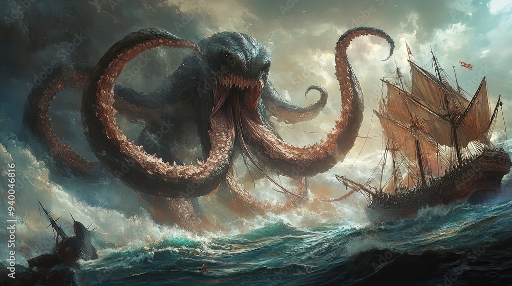 Kraken Attacking Sailing Ships in a Stormy Sea Kraken Attacking Sailing Ships in a Stormy Sea