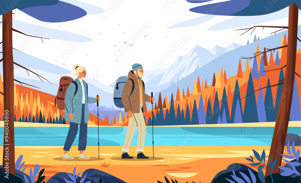 Obraz premium Hikers trekking scenic mountain landscape autumn forest lake vibrant colors outdoor adventure nature