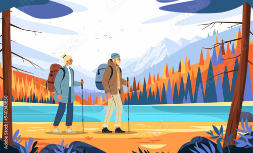 Hikers trekking scenic mountain landscape autumn forest lake vibrant colors outdoor adventure nature