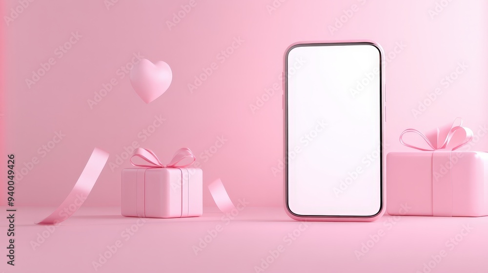 A pink background with a white cell phone and pink boxes A pink background with a white cell phone and pink boxes