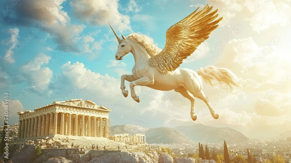 Obraz premium A Winged Unicorn Pegasus Flying Over the Acropolis in Athens
