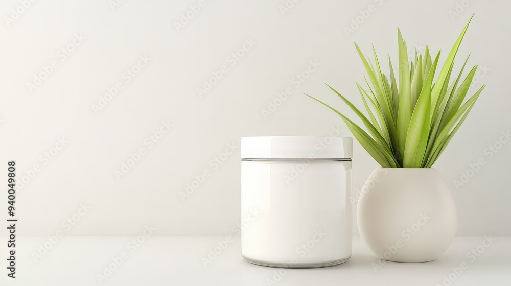 A white jar and a green plant are on a white table A white jar and a green plant are on a white table