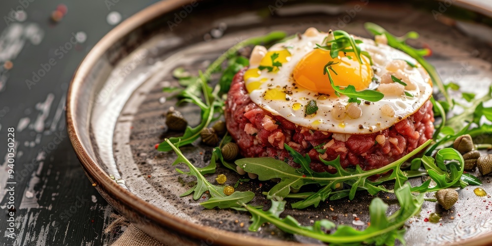 Contemporary presentation of gourmet raw beef fillet tartare accompanied by egg, arugula, and capers on a stylish plate, featuring ample copy space on the right. Contemporary presentation of gourmet raw beef fillet tartare accompanied by egg, arugula, and capers on a stylish plate, featuring ample copy space on the right.