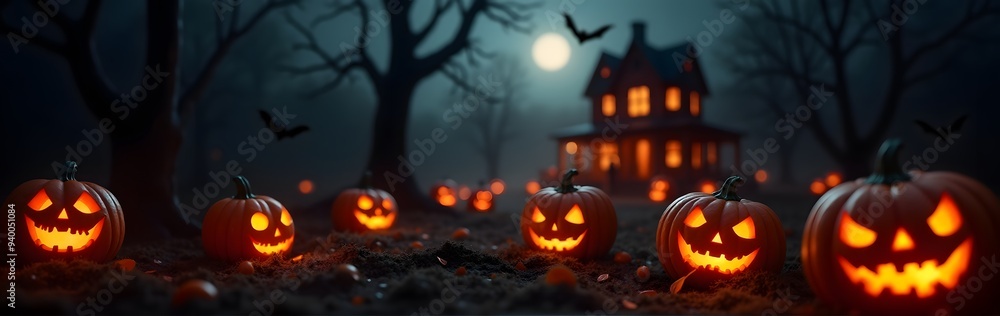 Glowing Jack-o'-lanterns in a dark yard with bats flying near a haunted house under a full moon Glowing Jack-o'-lanterns in a dark yard with bats flying near a haunted house under a full moon