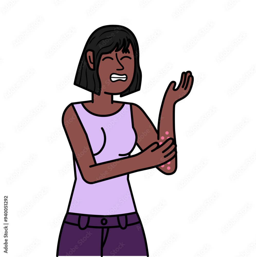 black woman with allergy scratching her hand.eps