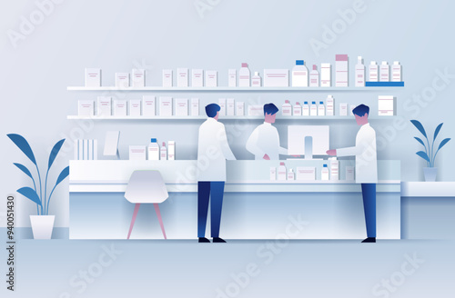 Pharmacy interior with pharmacists working in a modern clean pharmacy setting with shelves of medicine and plants in the background paper cut style