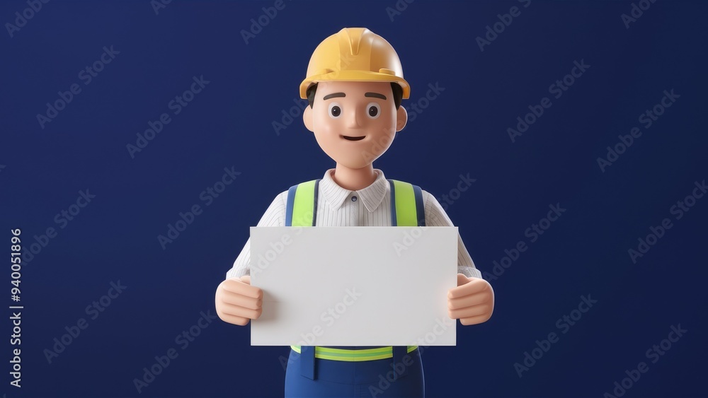 3D Construction Worker Character Holding Blank Sign 3D Construction Worker Character Holding Blank Sign