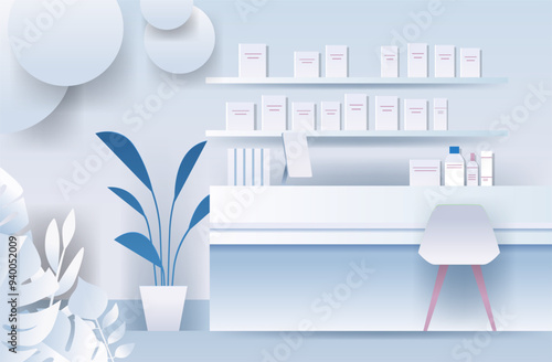 Pharmacy counter with shelves and products modern minimalist interior design with blue and white color palette plants and chair paper cut style