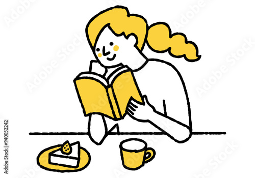 Woman reading a book while eating cake