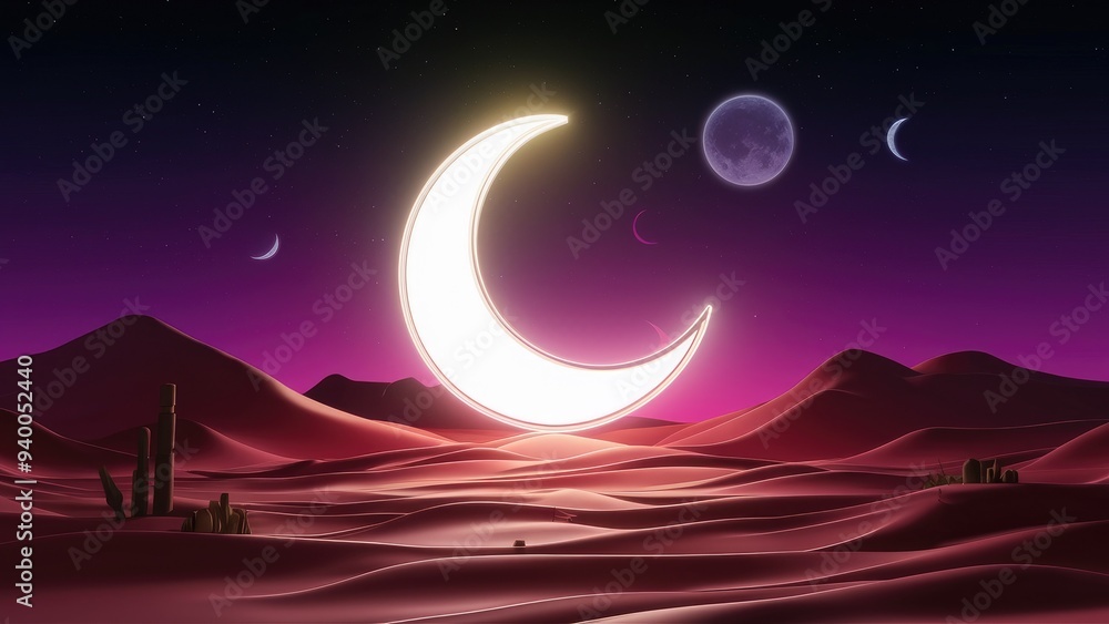 Obraz premium 3D Neon Desert Landscape with Crescent Moon, Ramadan Theme