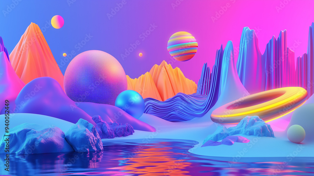 Landscape Format Rave 3d Retro futuristic fantasy landscape, world, travel. Acid rave concept ...
