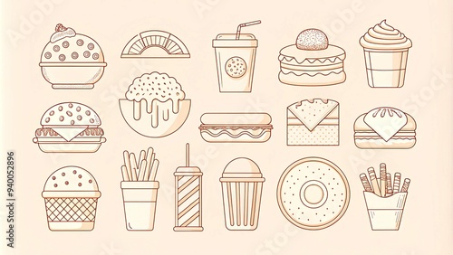 Fast food line icon set. Burger sandwich pizza hot dog cola coffee sweets