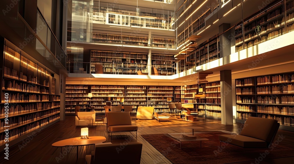 A Modern Library Interior with Bookshelves, Chairs, and a Table A Modern Library Interior with Bookshelves, Chairs, and a Table