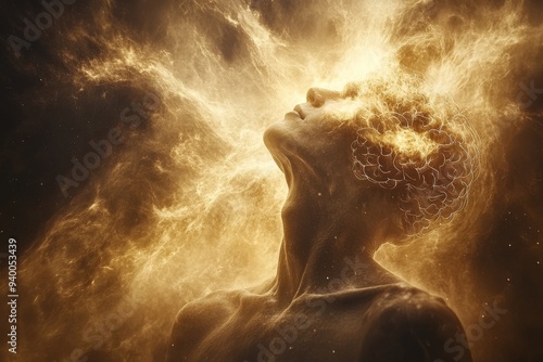 Ethereal digital art of a figure bathed in golden light symbolizing transcendence spiritual awakening and the cosmic energy that connects all existence photo