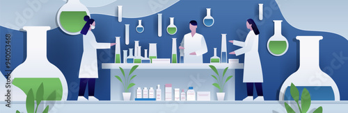 Laboratory scientists conducting experiments with flasks and test tubes in a modern lab setting with plants and shelves paper cut style