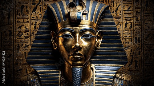 Wallpaper Mural The Golden Pharaoh: A close-up of the iconic golden mask of Tutankhamun, a symbol of ancient Egypt's grandeur and mystery. The intricate details of the mask are showcased against a backdrop of hierogl Torontodigital.ca