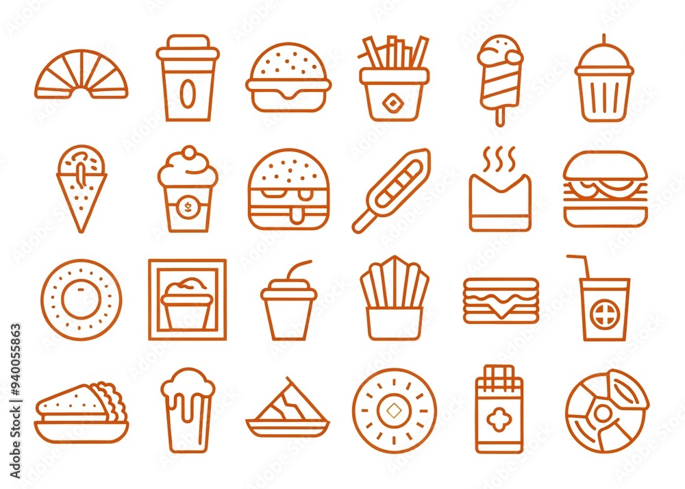Fast food line icon set. Burger sandwich pizza hot dog cola coffee sweets Fast food line icon set. Burger sandwich pizza hot dog cola coffee sweets