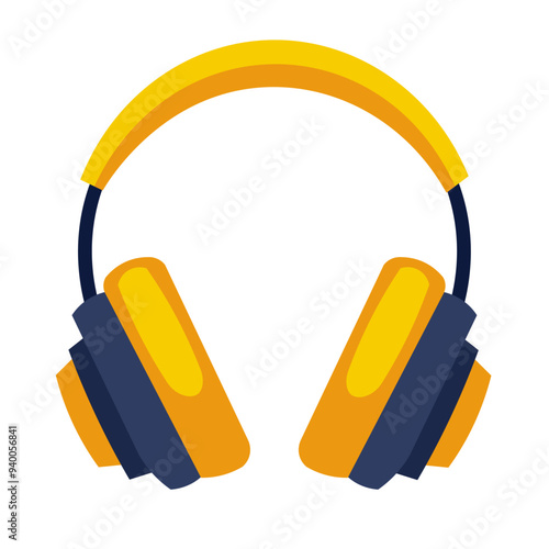 Yellow headset vector illustration isolated on white background, black orange headphones flat icon, audio electronic gadget, wireless headphone clip art