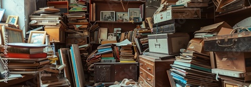 Cluttered Room with Stacks of Books and Papers