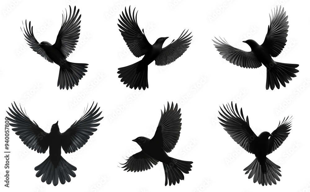 Obraz premium Silhouettes of crows in flight isolated on transparent background