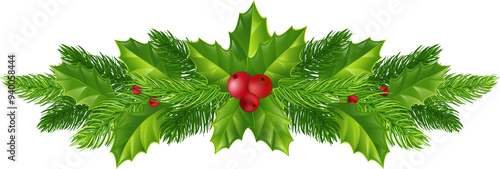 Garland of green holly leaves and red berries. Christmas, New Year. On transparent, png. branches with leaves photo