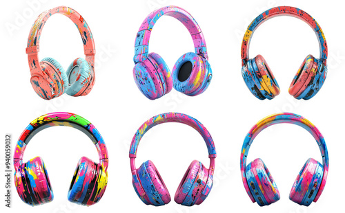 Colorful headphones with abstract designs isolated on transparent background photo