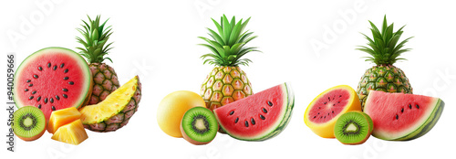 Assorted tropical fruits set isolated on transparent background photo