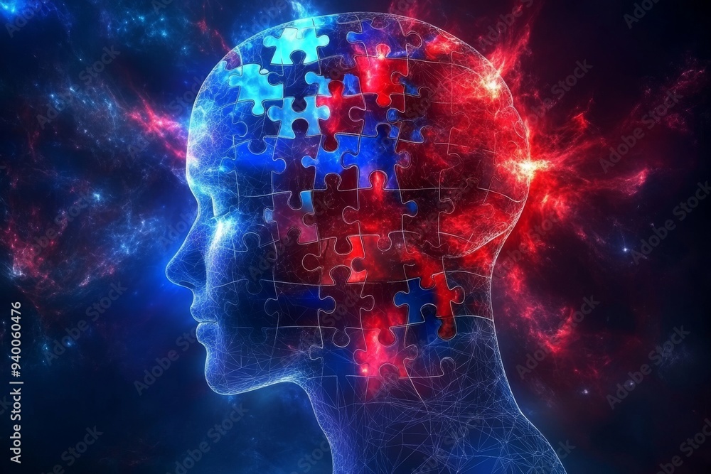 Futuristic digital portrait of a human head composed of puzzle pieces symbolizing the integration of thought technology and the intricate process of forming identity Futuristic digital portrait of a human head composed of puzzle pieces symbolizing the integration of thought technology and the intricate process of forming identity