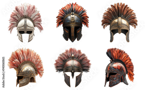 Ancient Roman helmets set isolated on transparent background photo