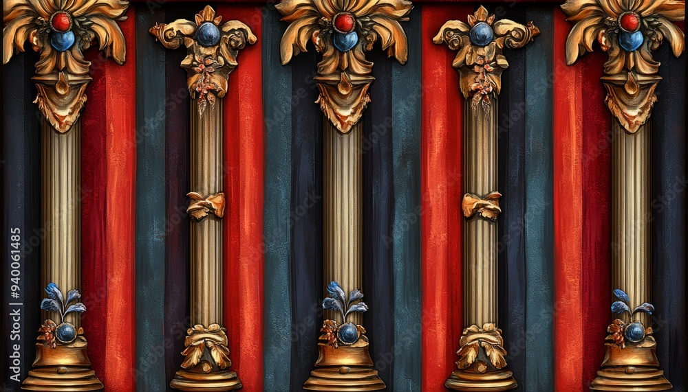 Fototapeta premium Ornate Golden Columns Against Red and Blue Striped Background