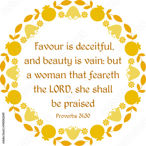 Proverbs 31:30 bible verse in decorative golden floral frame