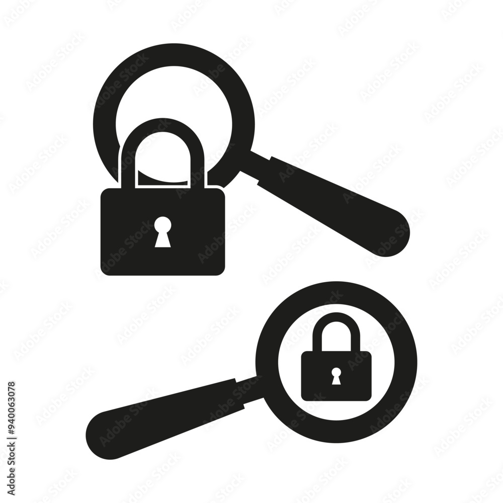 Magnifying glass with lock icons. Two security symbols. Black silhouette style. Protection and privacy concept. Magnifying glass with lock icons. Two security symbols. Black silhouette style. Protection and privacy concept.