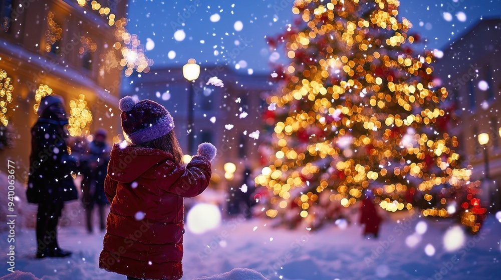A child in a red coat is playing in the snow next to a Christmas tree A child in a red coat is playing in the snow next to a Christmas tree