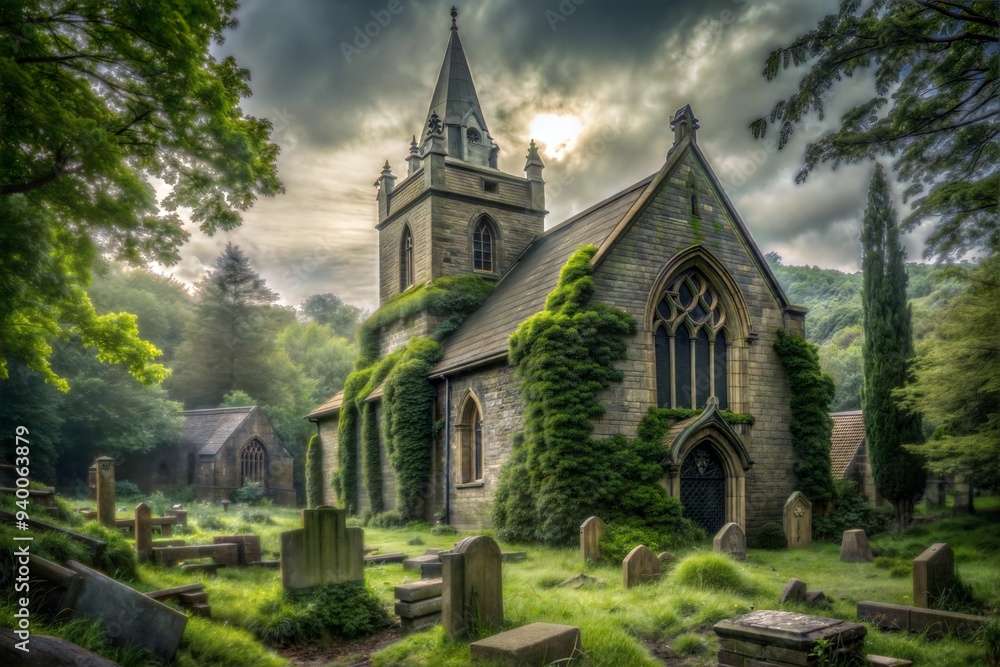 Photograph of an apocalyptic church, abandoned and destroyed by nature, with overgrown graves in the background Photograph of an apocalyptic church, abandoned and destroyed by nature, with overgrown graves in the background