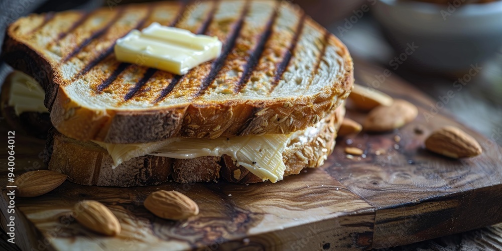Φωτογραφία Almond flour panini bread suitable for a gluten-free diet, accompanied by butter on a wooden board for the morning meal