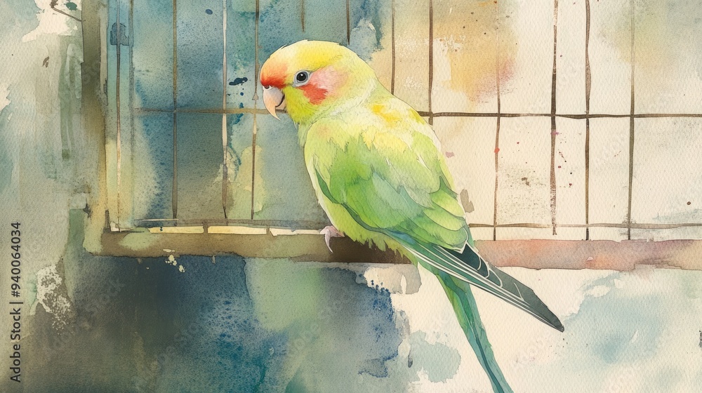 Obraz premium Watercolor illustration of a parakeet in an enclosed habitat