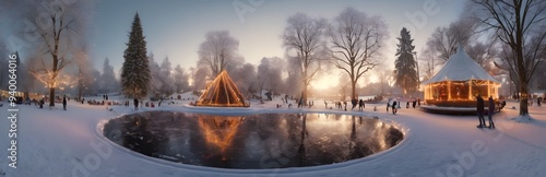 360 degree public park transformed into a winter wonderland with ice skaters gliding on a frozen pond. HDRI spherical panorama. photo